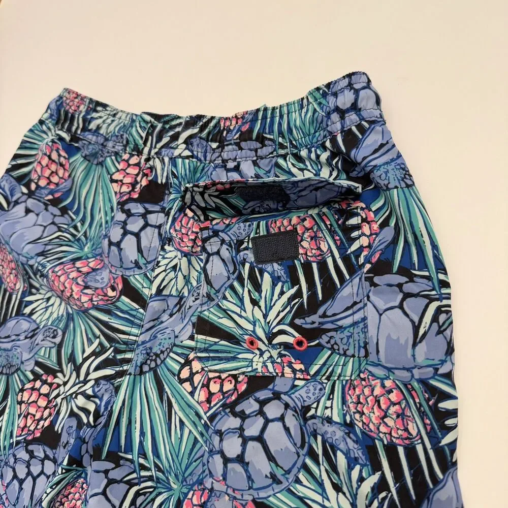 Vineyard Vines Boys Medium Swim Trunks Turtle Pineapple Tropical Blue Mesh Lined